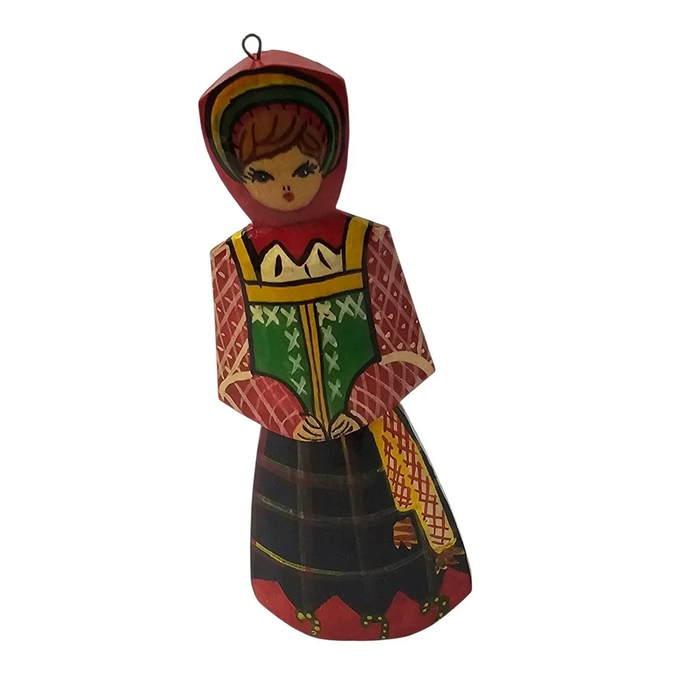Vtg Russian Hand Painted Wooden Folk Art Girl Figure Ornament Traditional Dress
